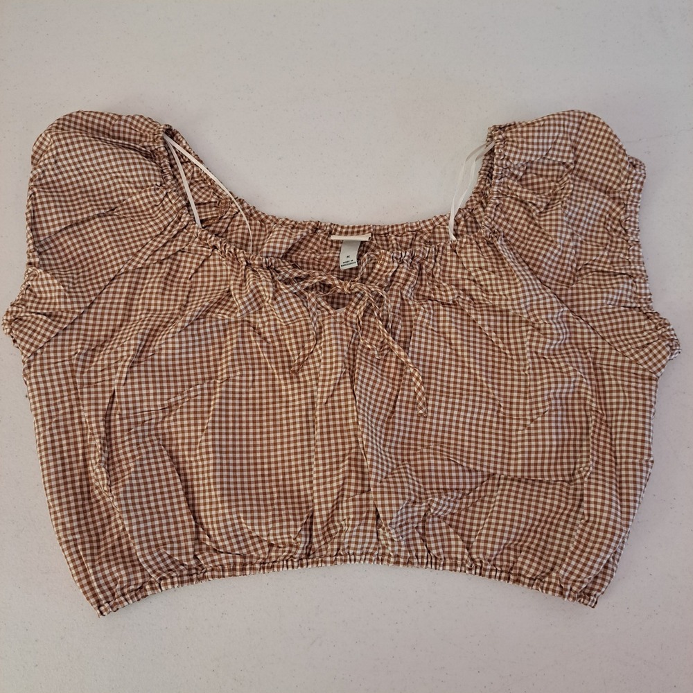 A New Day Gingham Crop Top Womens M Brown New Puff Sleeve Tie Front 1287-200